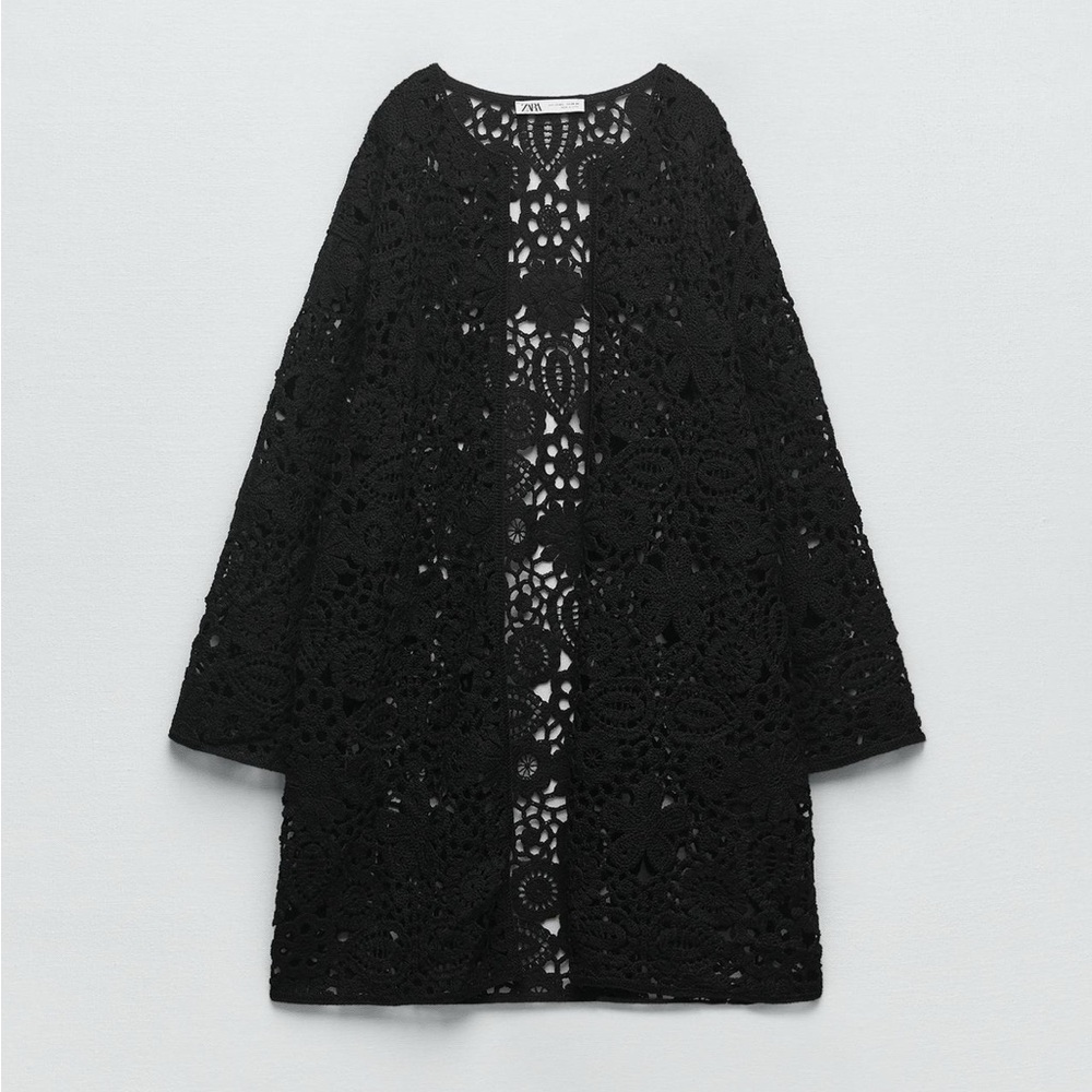 Zara Black Macrame Knit Open Cardigan